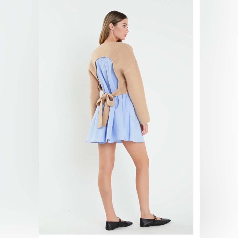 English Factory Tan Sweater with Blue Dress - Picture 4 of 10